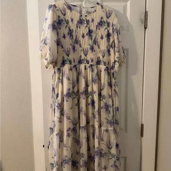 Polagram Floral Midi Dress in Cream and Purple - Picture 1 of 4